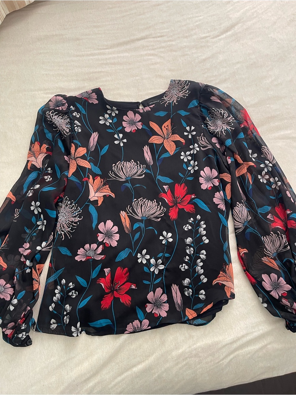 Who What Wear Black Floral Puff-Sleeve Blouse - Red, Pink, Blue, Orange